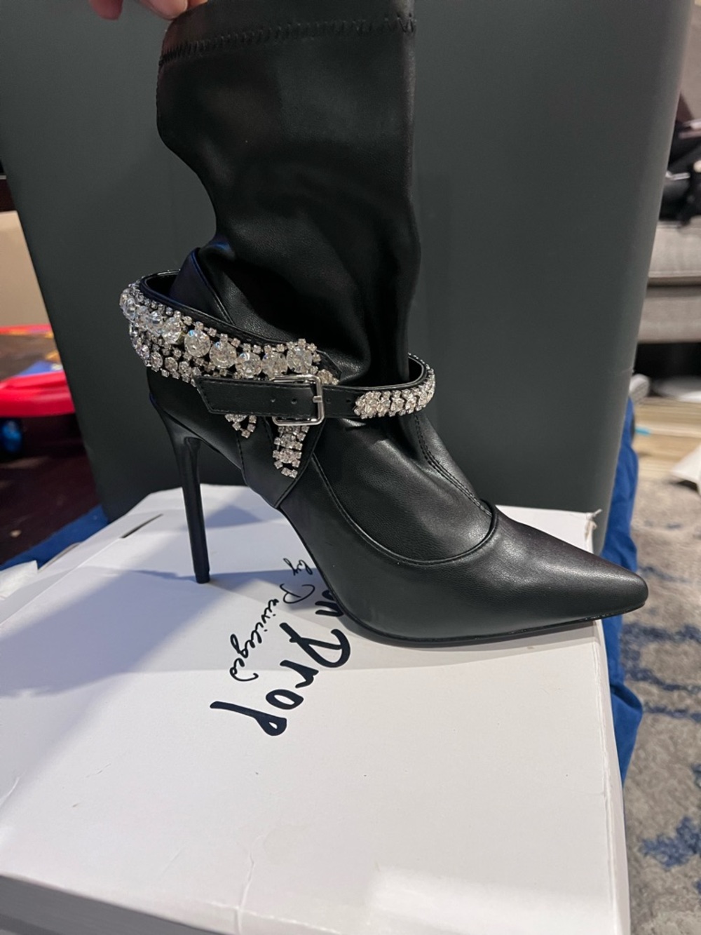 Fashion Nova Black Pointed Stiletto Ankle Boots with Crystal Strap